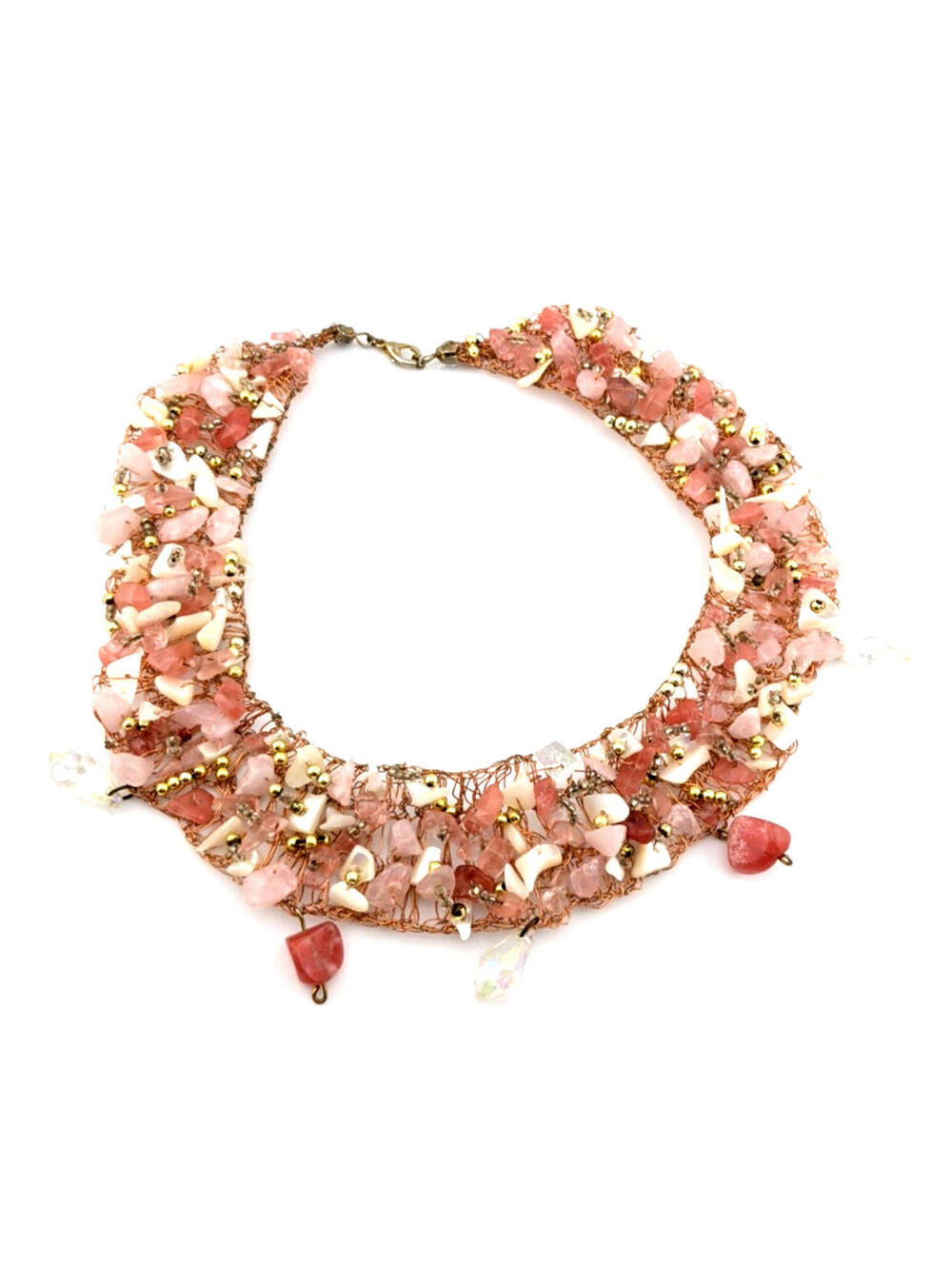 Hand Crafted Rose Gold Colored Gold Mesh Rose Quartz Statement Collar Necklace